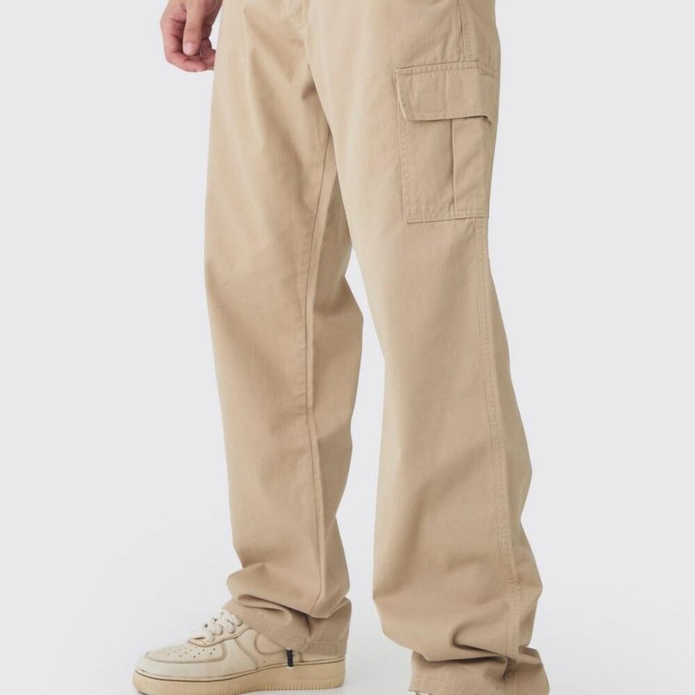 BoohooMan Relaxed Fit Cargo Pants Large Stone Elastic Waist & Ankles Pockets…